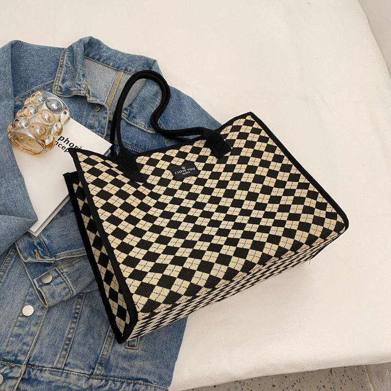 Large Capacity Women's Autumn and Winter Popular Shoulder Plaid Versatile Tote Canvas Handbag Mommy Bag_voghion.com