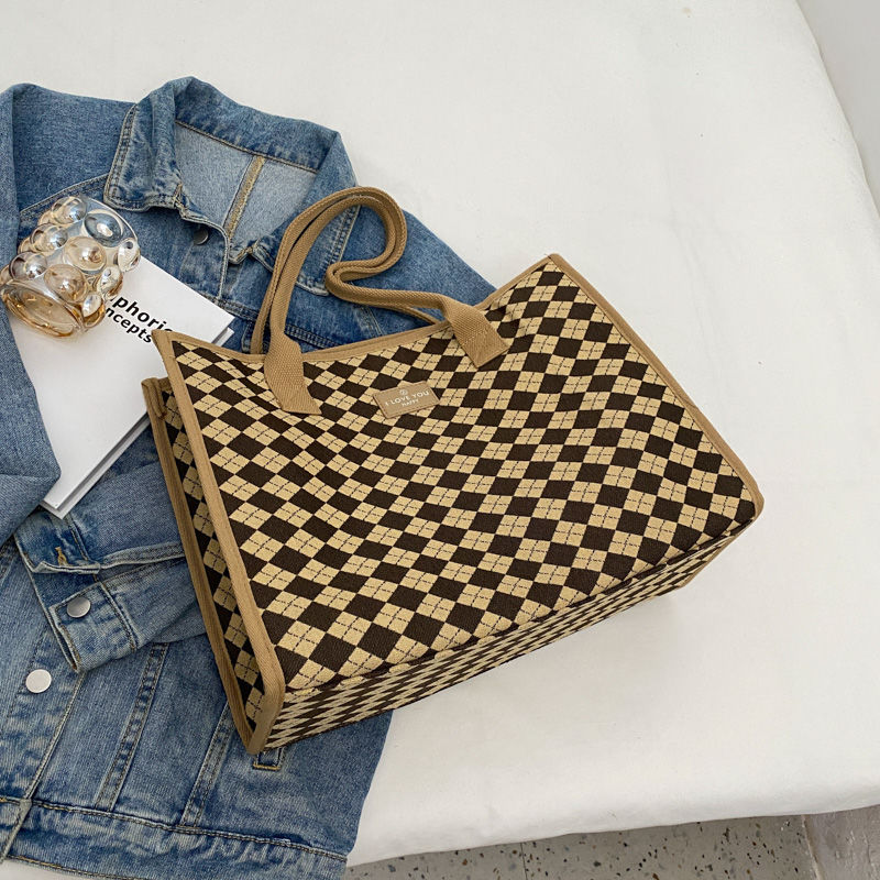 Large Capacity Women's Autumn and Winter Popular Shoulder Plaid Versatile Tote Canvas Handbag Mommy Bag_voghion.com