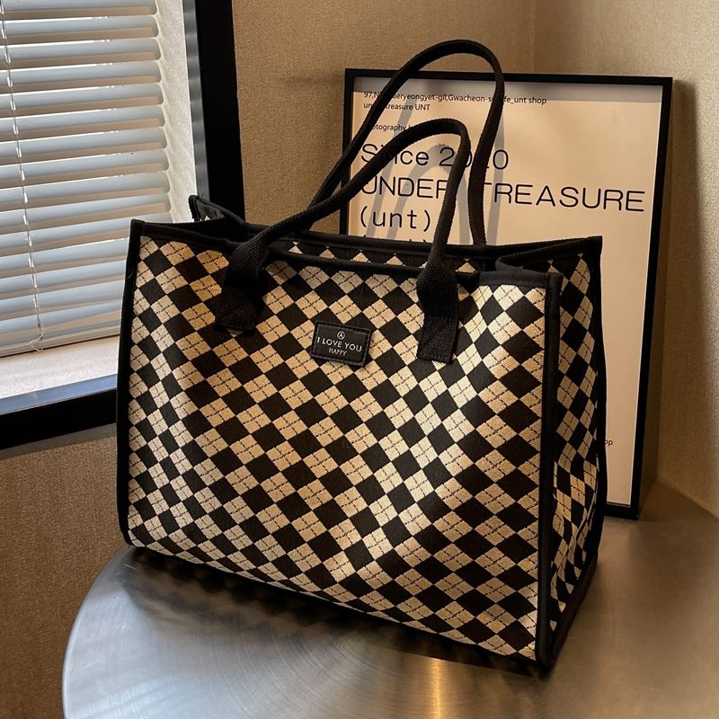 Large Capacity Women's Autumn and Winter Popular Shoulder Plaid Versatile Tote Canvas Handbag Mommy Bag_voghion.com