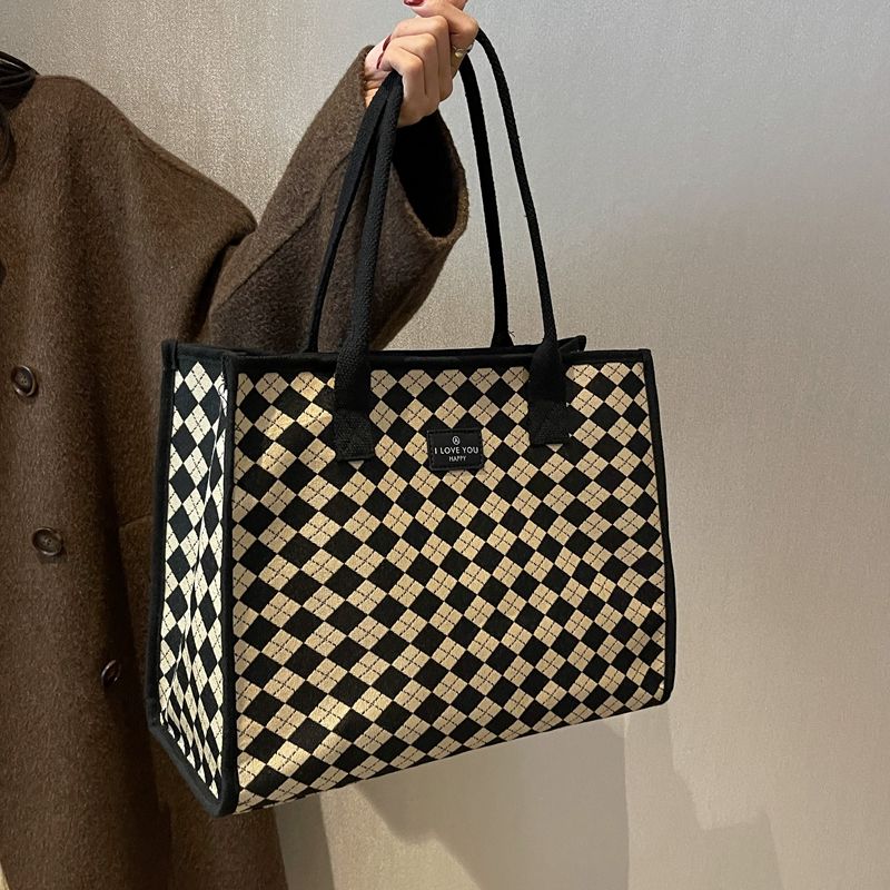 Large Capacity Women's Autumn and Winter Popular Shoulder Plaid Versatile Tote Canvas Handbag Mommy Bag_voghion.com
