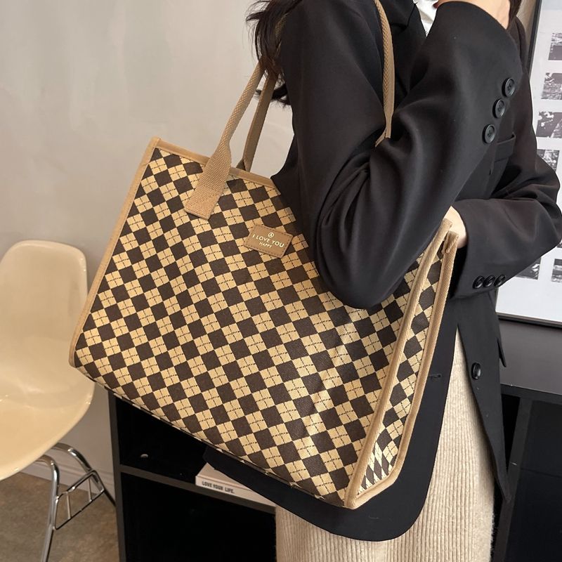 Large Capacity Women's Autumn and Winter Popular Shoulder Plaid Versatile Tote Canvas Handbag Mommy Bag_voghion.com