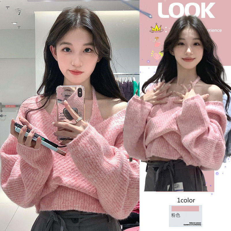 春季套裝女2023新款大碼女裝修身收腰露肩假兩件毛衣休閒褲兩件套