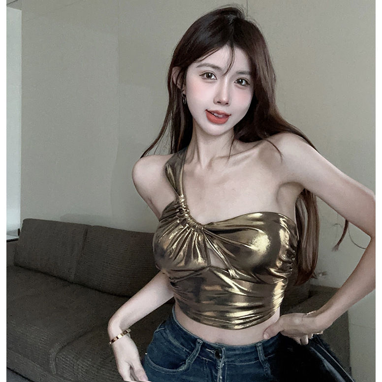 高級感新款褶皺斜肩修身緊身顯瘦辣妹歐美式美背性感小眾裹胸上衣