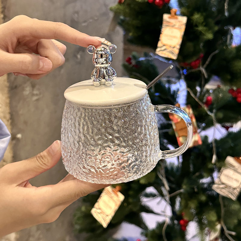 高颜值可爱马克杯带盖勺耐热玻璃水杯女生办公室咖啡杯家用花茶杯