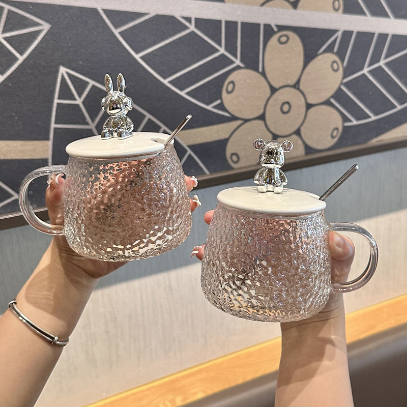 高颜值可爱马克杯带盖勺耐热玻璃水杯女生办公室咖啡杯家用花茶杯