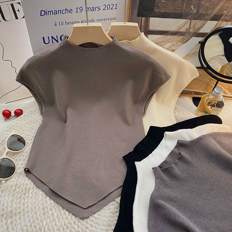 不规则短款设计感短袖针织衫女2022秋季新款修身显瘦半高领打底衫