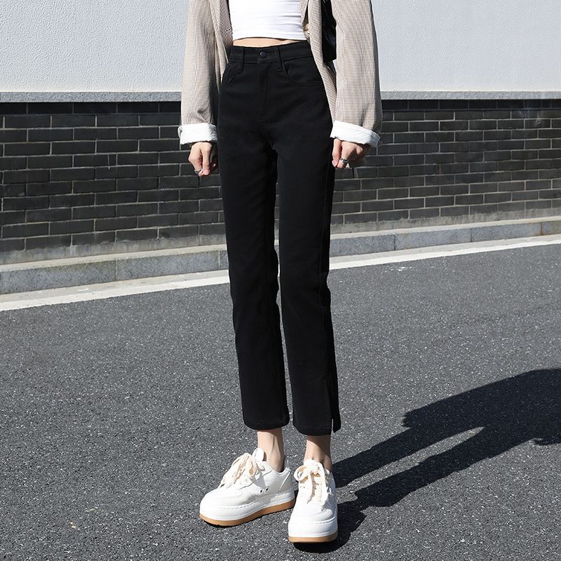 黑色牛仔高腰顯瘦修身直筒牛仔褲女2023年春秋新款小個子煙管褲子