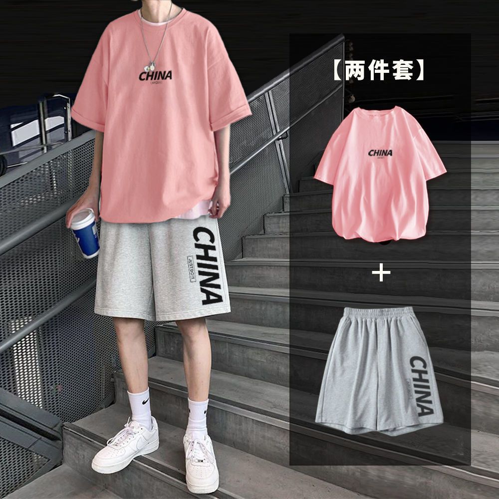 夏季五分裤两件套男外穿国潮休闲五分袖短袖T恤篮球运动短裤套装