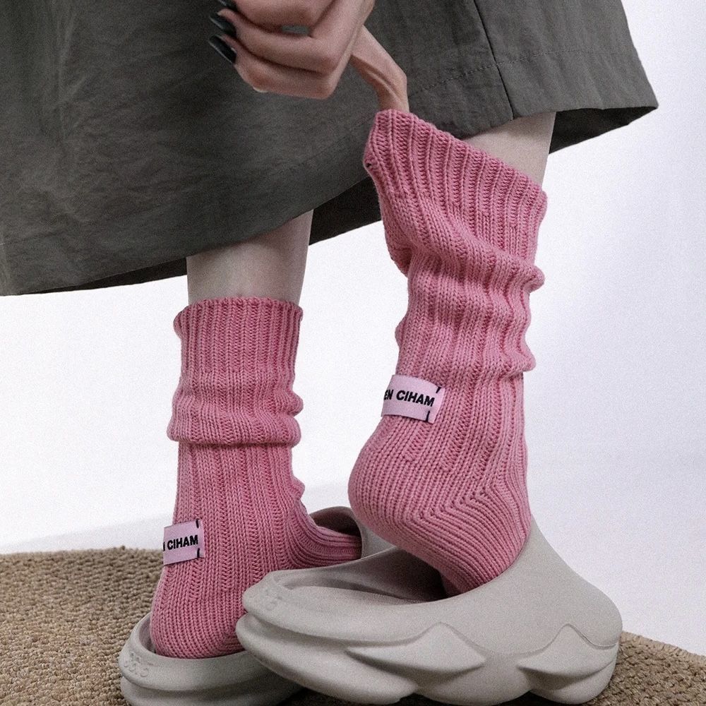 袜子女春夏中筒袜日系简约粉色标签粗线针织ins潮小众百搭堆堆袜
