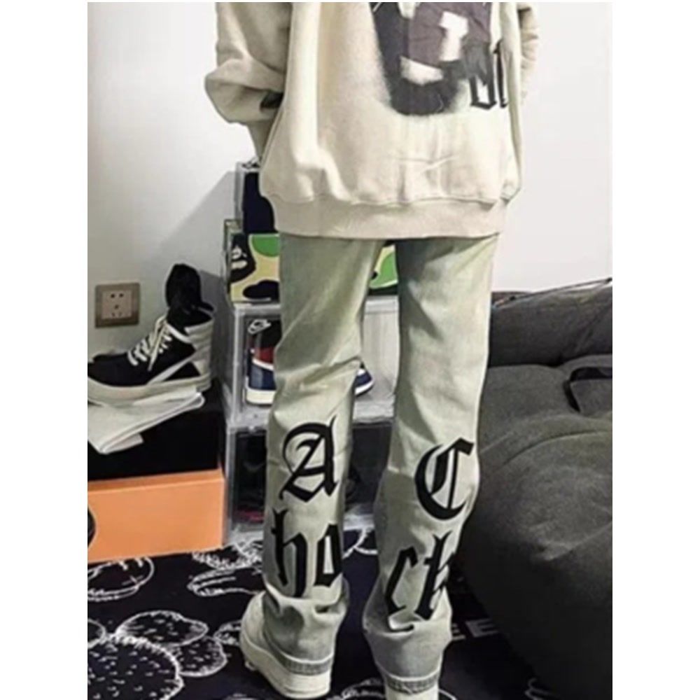 美式街頭印花黃泥牛仔褲男女高街vibe直筒寬鬆水洗hiphop休閒長褲
