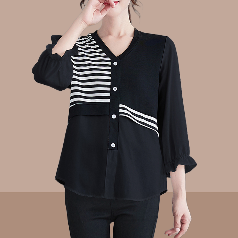 Plus-size women's clothing 2023 spring and autumn new fake two-piece foreign style fashion age-reducing shirt slightly fat mm slimming top