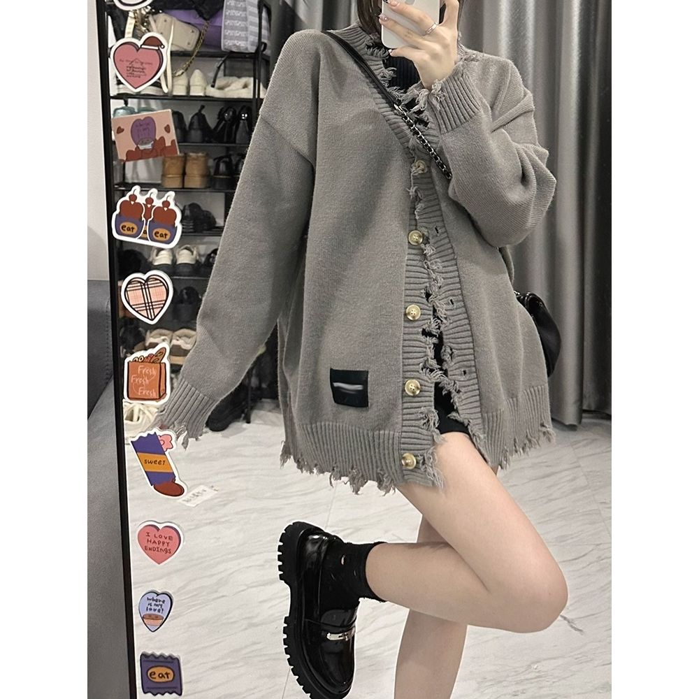 Design sense personality chic gray V-neck sweater women's spring and autumn retro lazy style destructive sweater jacket ins