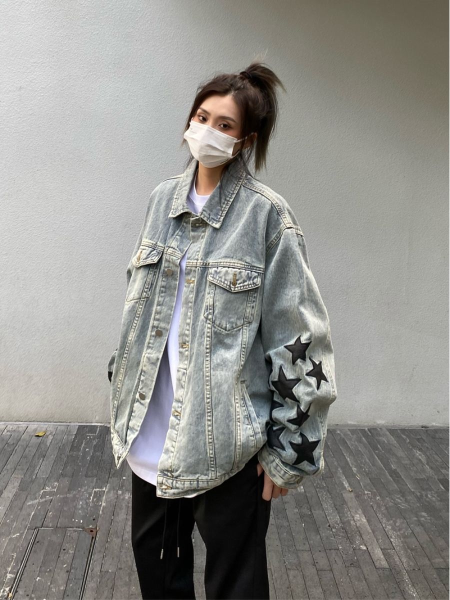 Spring 2023 American style retro star embroidery washed old denim jacket female ins high street loose jacket tide