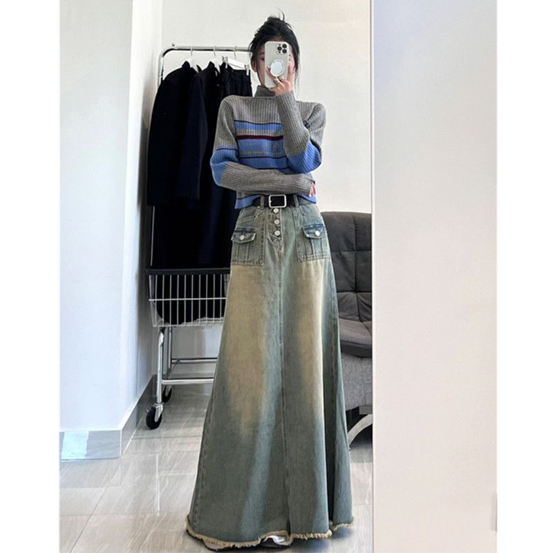American retro tassel all-match denim skirt female Korean temperament niche design sense of old high waist long skirt