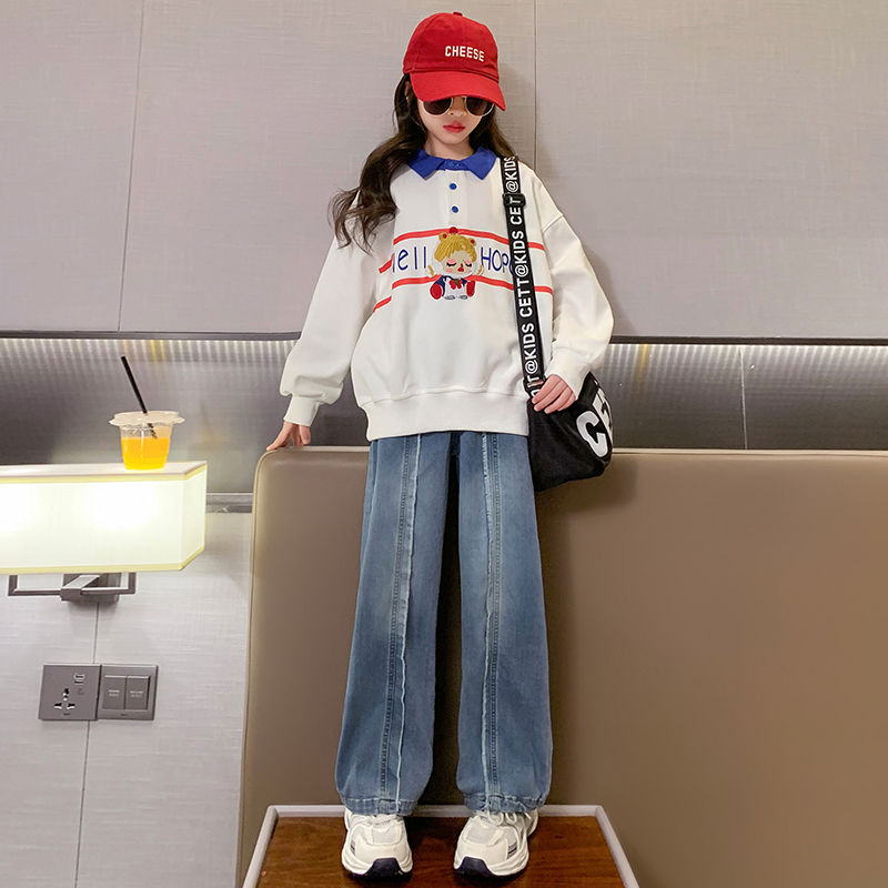 女童套裝褲子衛衣春裝新款爆款春秋女孩洋氣時髦寬鬆直筒牛仔褲