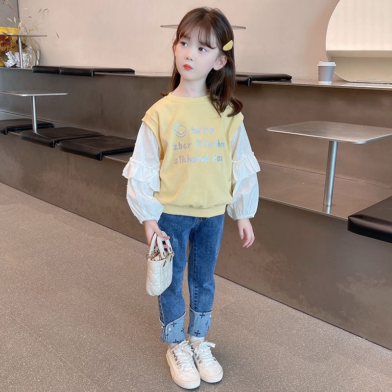 Girls sweater spring clothes 2023 new girl foreign style lotus leaf edge fake two-piece pullover long-sleeved spring and autumn children's tops