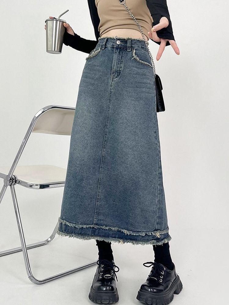 Spice girl A-line all-match denim skirt female spring and autumn slim stitching retro high waist raw edge washed mid-length skirt