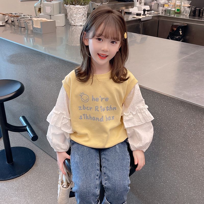 Girls sweater spring clothes 2023 new girl foreign style lotus leaf edge fake two-piece pullover long-sleeved spring and autumn children's tops