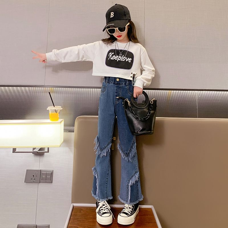 女童套裝2023新款褲子春秋女孩中大童洋氣時髦修身牛仔喇叭褲爆款