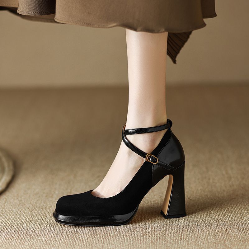 黑色高跟鞋女鞋子粗跟玛丽珍鞋2023年春季新款交叉带方头浅口单鞋