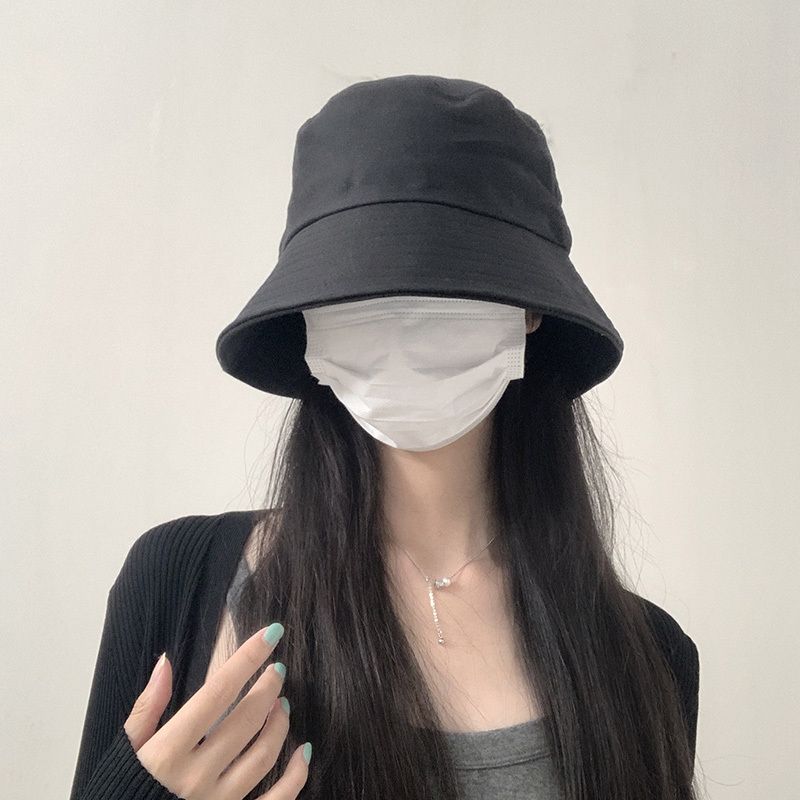 Fisherman hat female 2023 new spring and summer plain face cover all-match black big head around the face small bucket basin hat