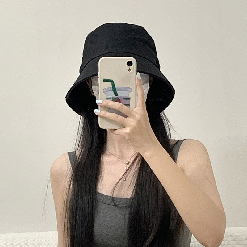 Fisherman hat female 2023 new spring and summer plain face cover all-match black big head around the face small bucket basin hat