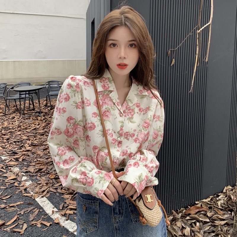 French retro floral shirt women's spring new fashion suit collar rose sweet shirt design top