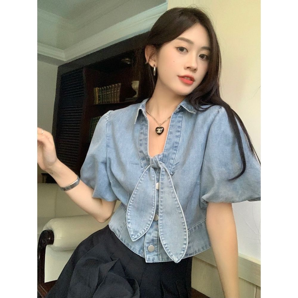 Bowknot short-sleeved denim shirt women's summer French design sense niche chic unique Hong Kong flavor chic short top