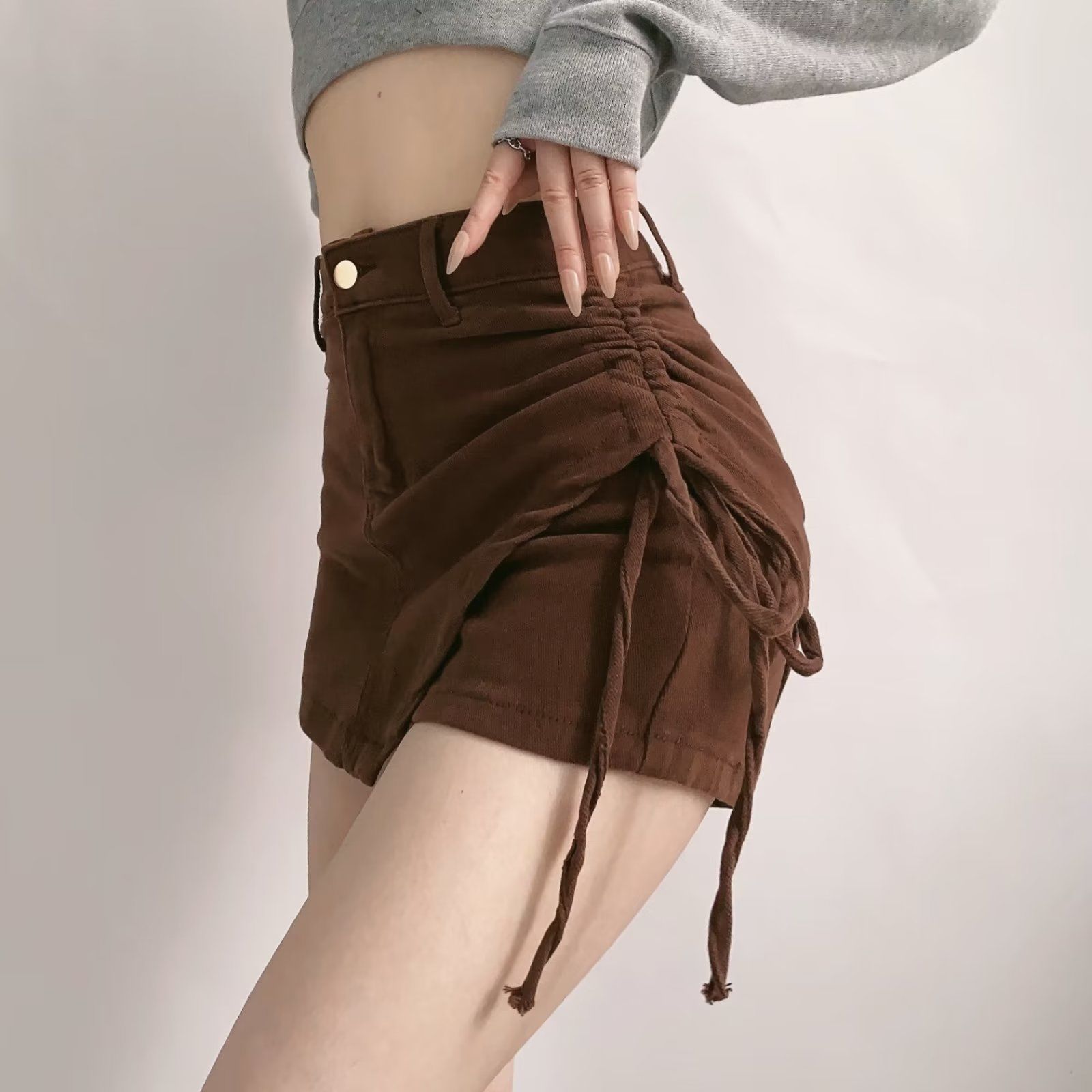 American hot girl style design sense side drawstring slimming high waist bag hip culottes autumn irregular elastic shorts trendy