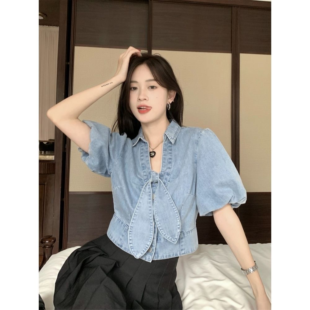 Bowknot short-sleeved denim shirt women's summer French design sense niche chic unique Hong Kong flavor chic short top