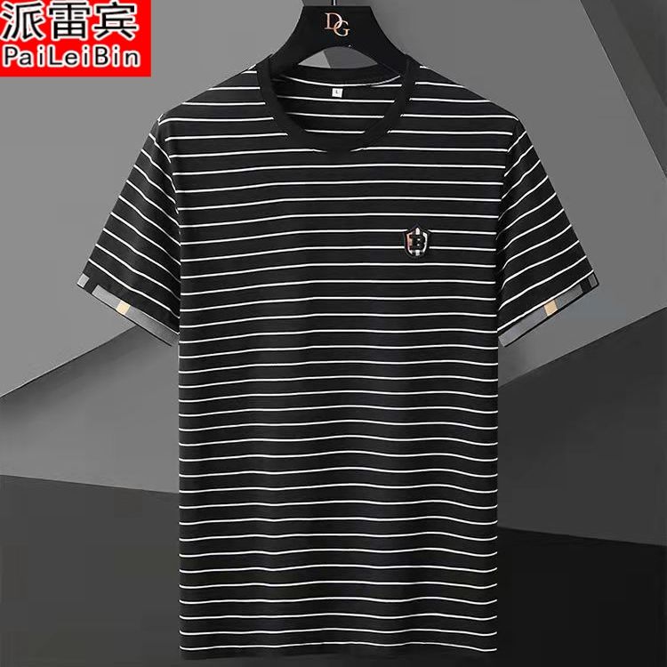 男士冰絲短袖t恤高端輕奢圓領條紋體恤衫休閒半袖上衣服男裝t恤