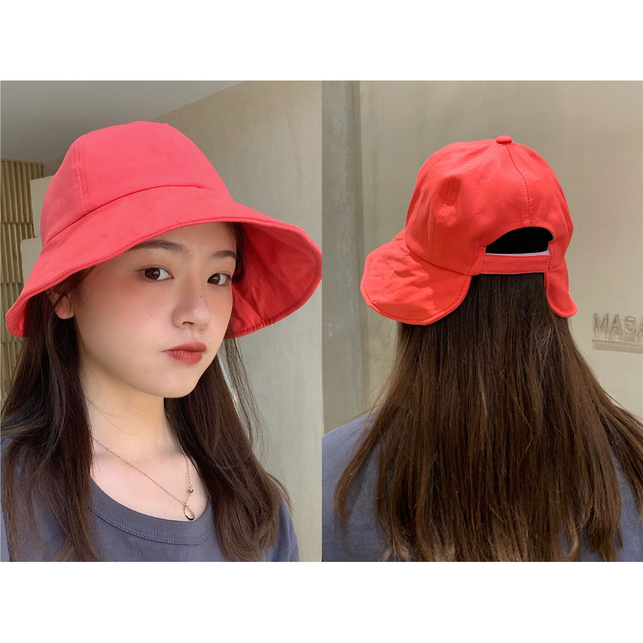 韩版可爱减龄圆顶渔夫帽子女夏季魔术贴大帽檐遮阳防晒帽盆帽批发