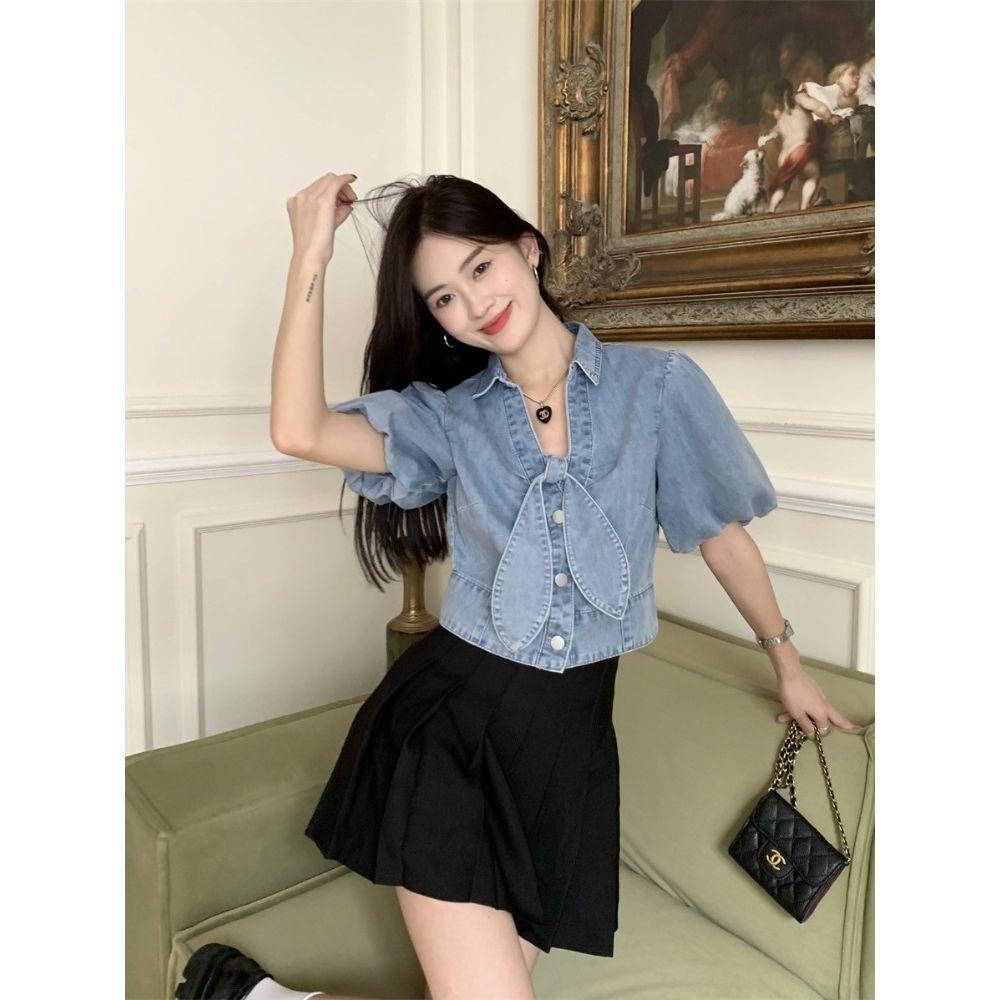 Bowknot short-sleeved denim shirt women's summer French design sense niche chic unique Hong Kong flavor chic short top