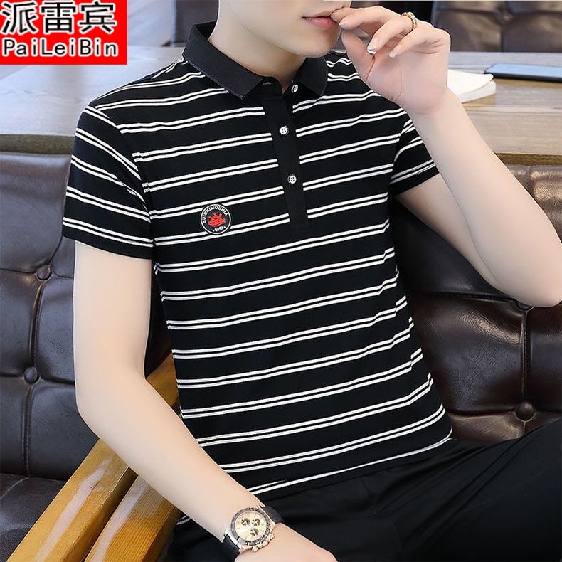 夏季复古t恤潮流黑白条纹短袖男士polo衫修身透气休闲韩版上衣
