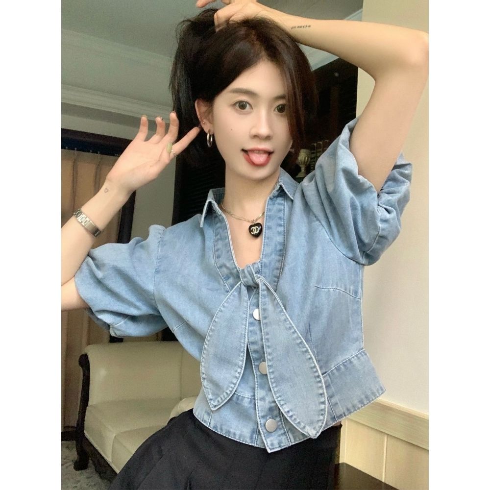 Bowknot short-sleeved denim shirt women's summer French design sense niche chic unique Hong Kong flavor chic short top