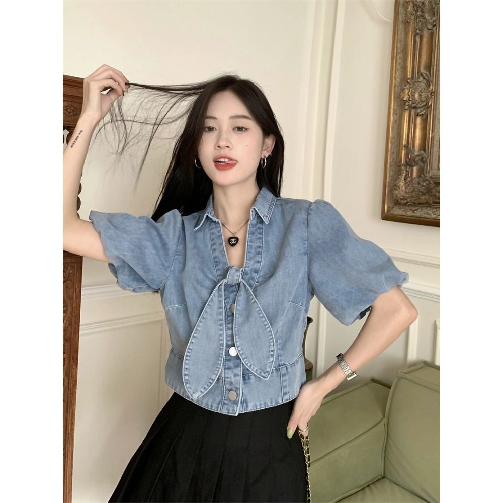 Bowknot short-sleeved denim shirt women's summer French design sense niche chic unique Hong Kong flavor chic short top