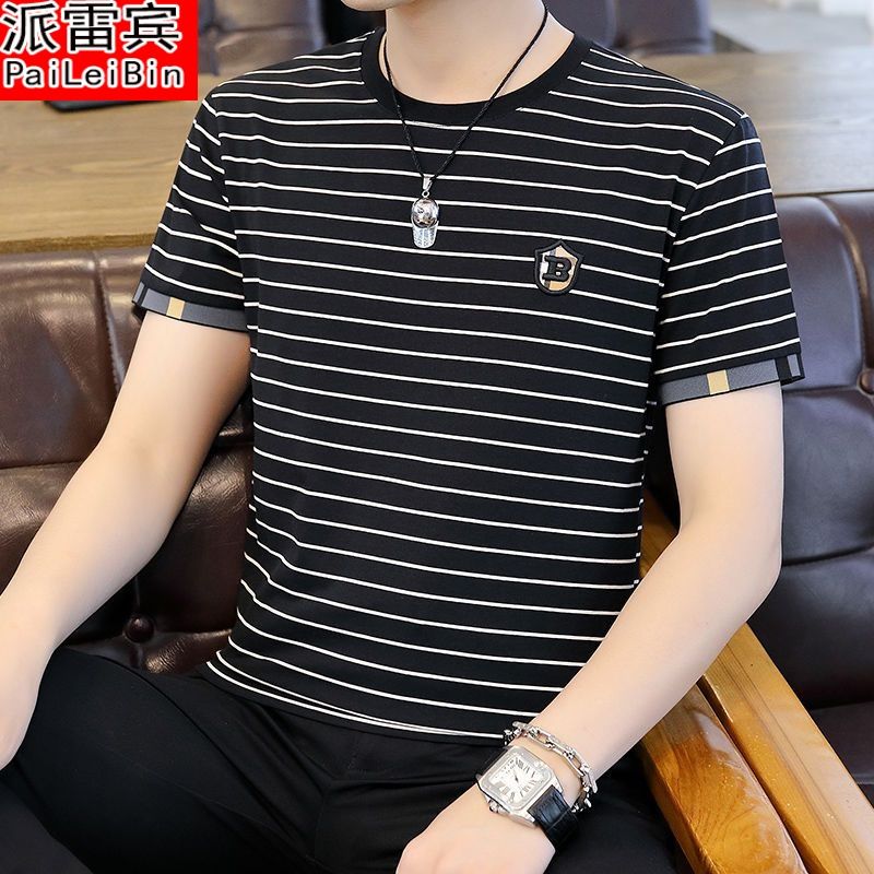 男士短袖t恤夏季新款高端圓領條紋冰絲體恤衫休閒半袖上衣服男