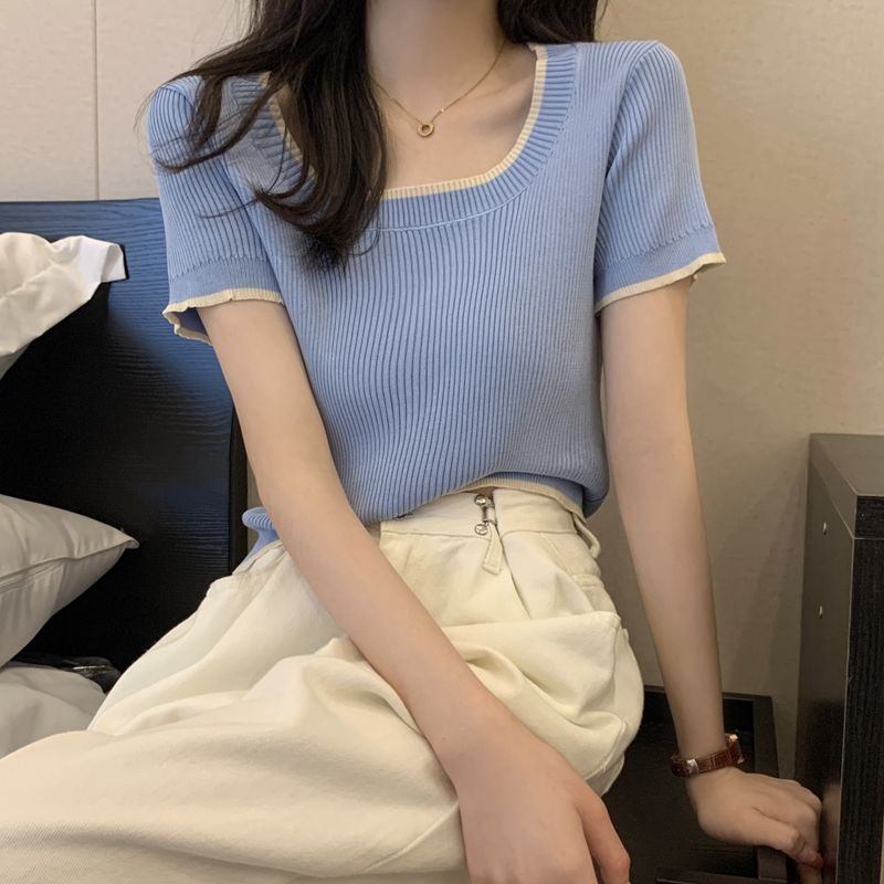 韩版纯欲方领撞色设计感小众薄款冰丝针织衫短袖T恤女百搭ins上衣