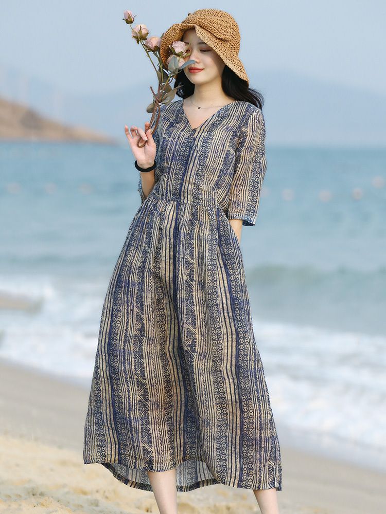 連衣裙女夏媽媽大碼胖mm顯瘦中長款收腰A字裙慵懶風復古棉麻裙子
