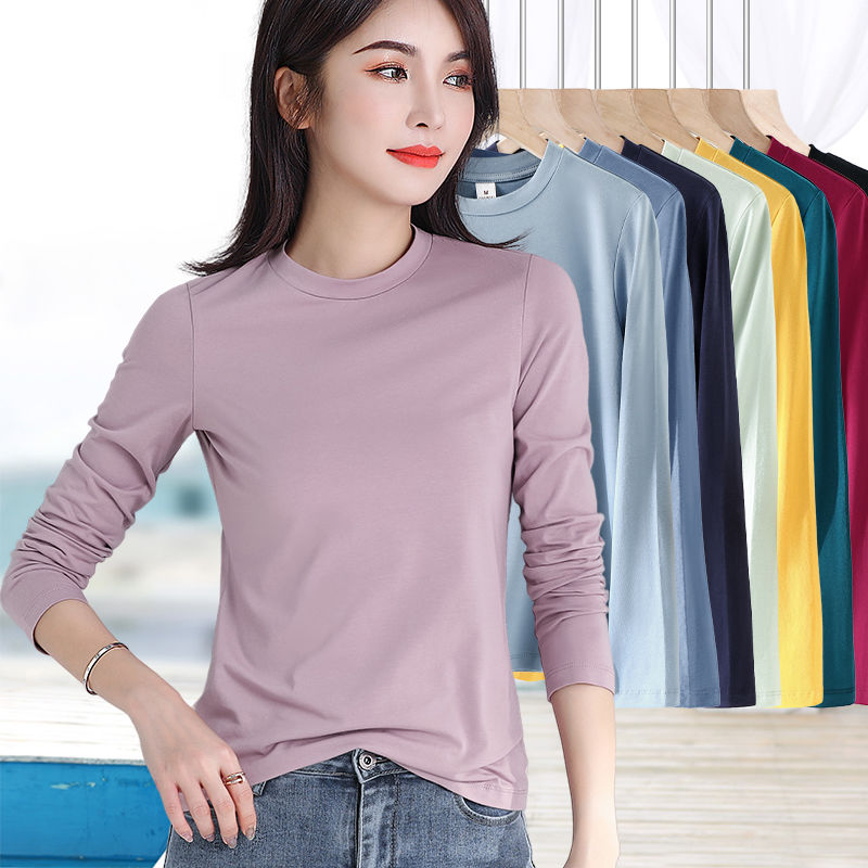 Pure cotton long-sleeved t-shirt women's thin bottoming shirt middle-aged and elderly mothers small and medium half-high collar autumn jacket top spring
