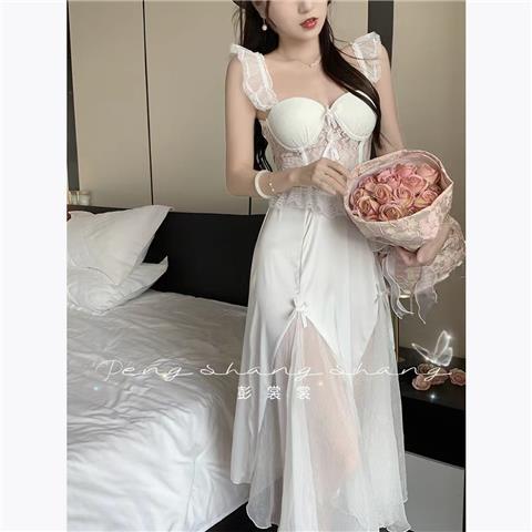 Net red sexy pajamas women's spring and summer new ice silk luxury pure desire long skirt with chest pad lace sling nightdress