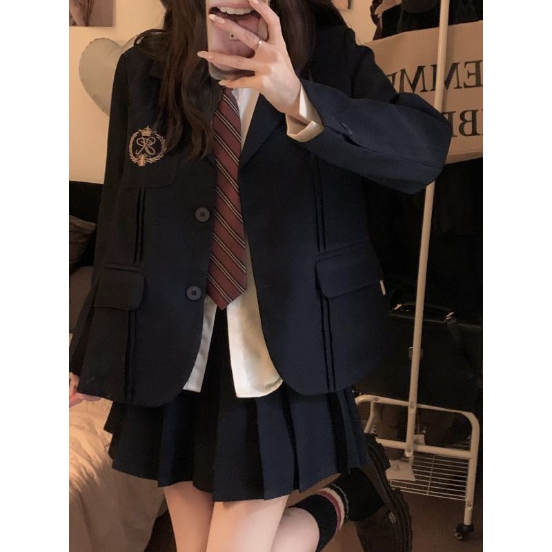 美式學院風西裝外套女春秋新款百搭氣質長袖西服上衣單/三件套裝