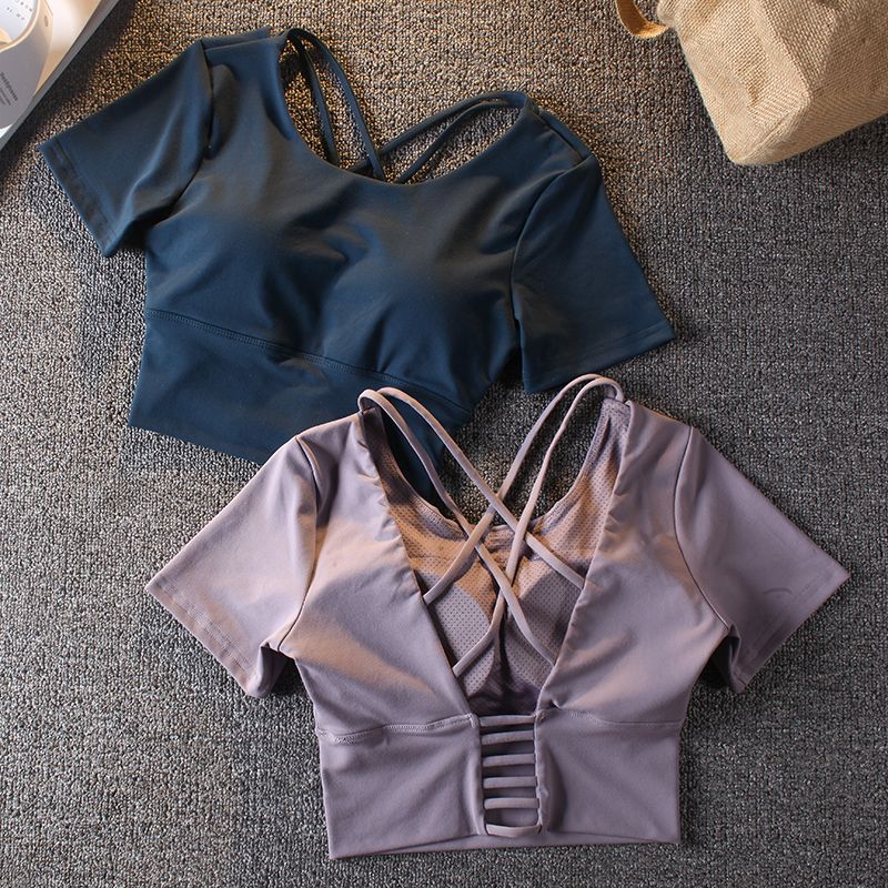 With chest pad beautiful back fitness short-sleeved women's tight sexy yoga sports top short T-shirt trendy