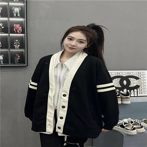 College style color-blocking cardigan jacket female  early spring and autumn new V-neck long-sleeved loose all-match top student