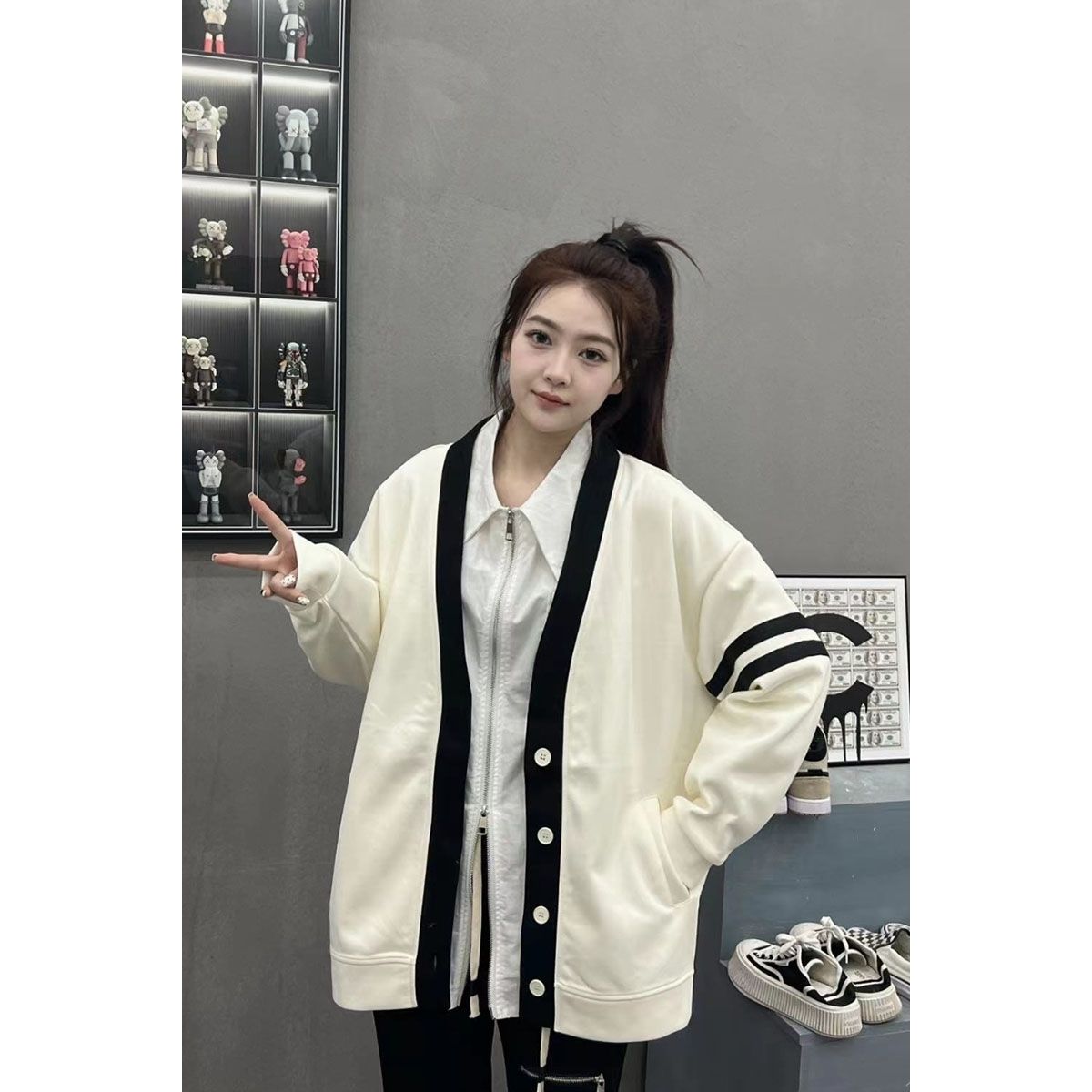 College style color-blocking cardigan jacket female  early spring and autumn new V-neck long-sleeved loose all-match top student