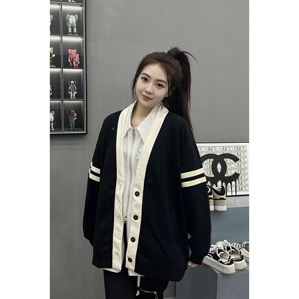 College style color-blocking cardigan jacket female  early spring and autumn new V-neck long-sleeved loose all-match top student