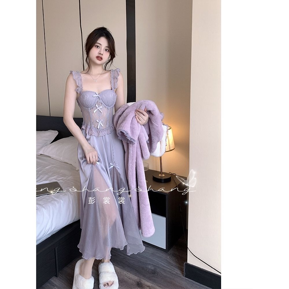 Net red sexy pajamas women's spring and summer new ice silk luxury pure desire long skirt with chest pad lace sling nightdress