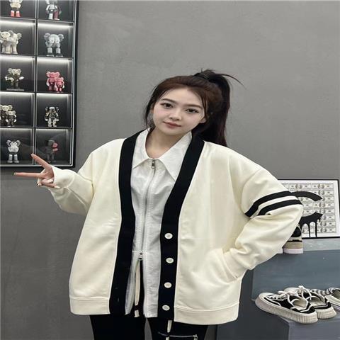 College style color-blocking cardigan jacket female  early spring and autumn new V-neck long-sleeved loose all-match top student