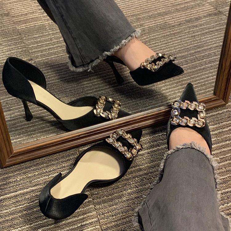 2023 new spring nude color high-heeled shoes women's French temperament square buckle rhinestone stiletto women's shoes black single shoes