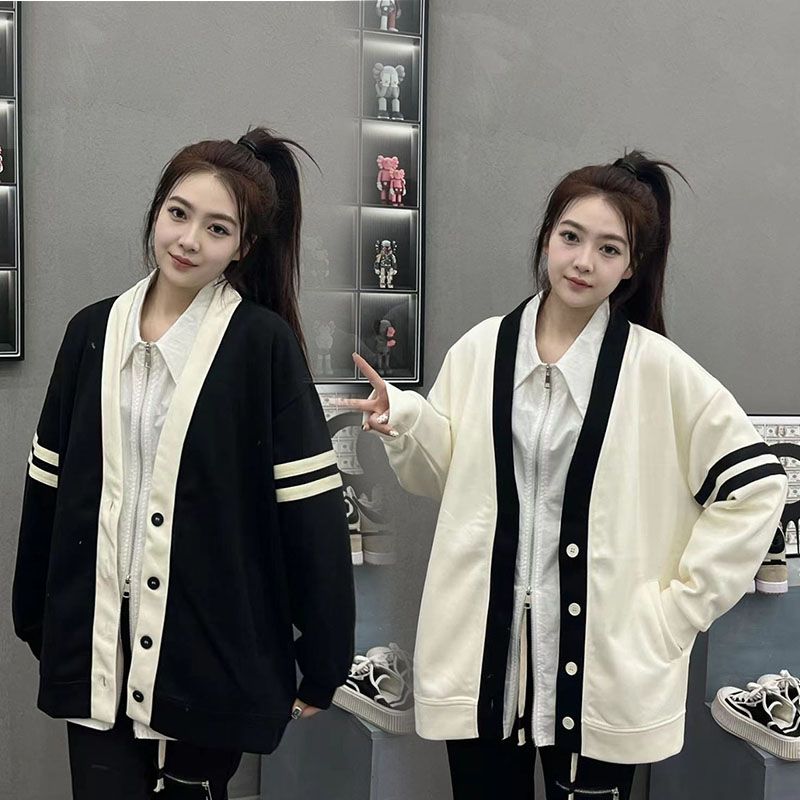 College style color-blocking cardigan jacket female  early spring and autumn new V-neck long-sleeved loose all-match top student